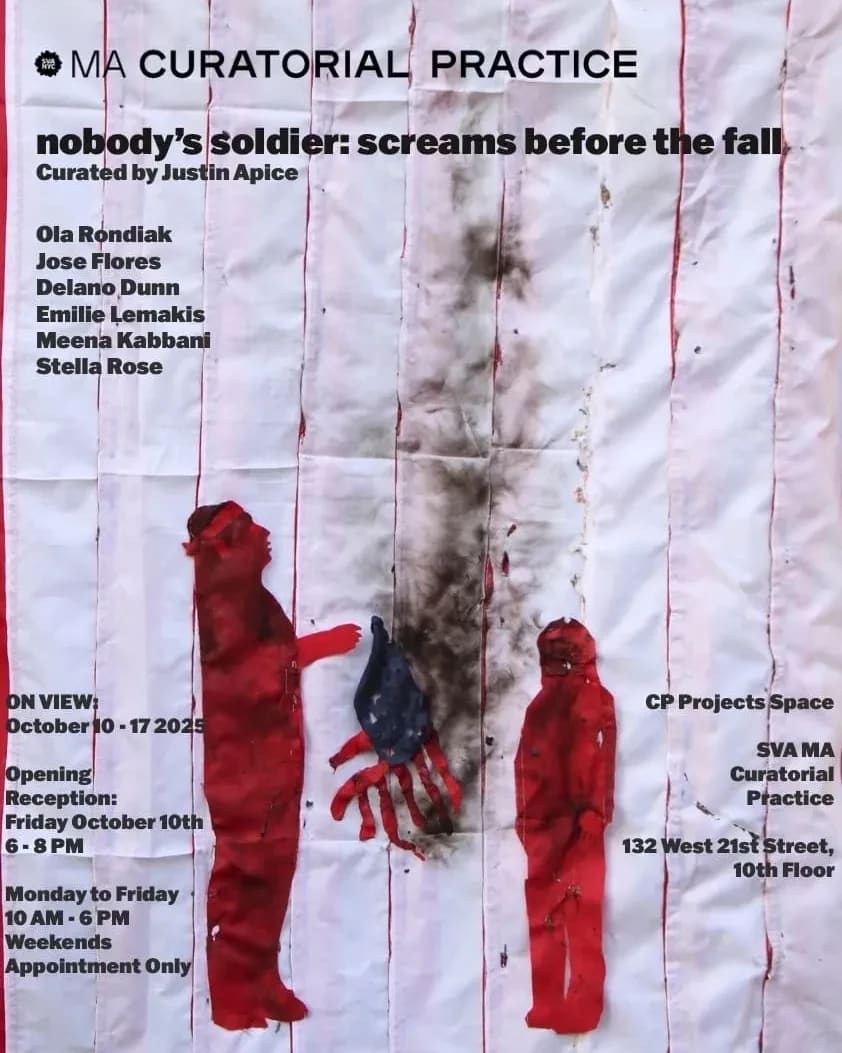 exhibition poster featuring two red figures, one holing a smoldering American flag while the other stands next to it
