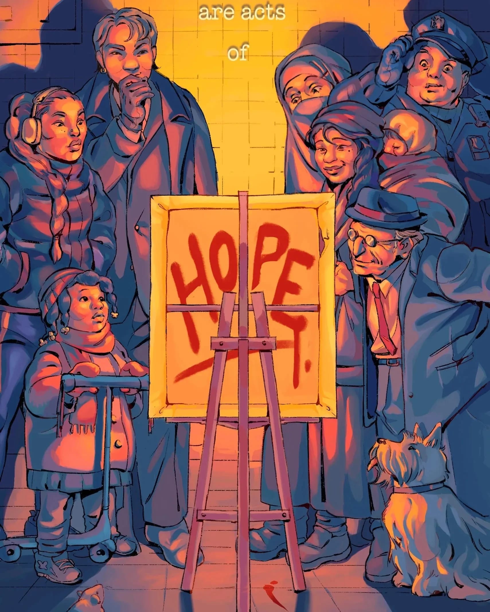 A piece displaying 8 different people from different backgrounds admiring a iece of art together in a subway tunnel. The text above reads “Doing and making are acts of Hope”. The text below reads “Keep Making. Keep Hoping. SVANYC Student Health and Counseling”