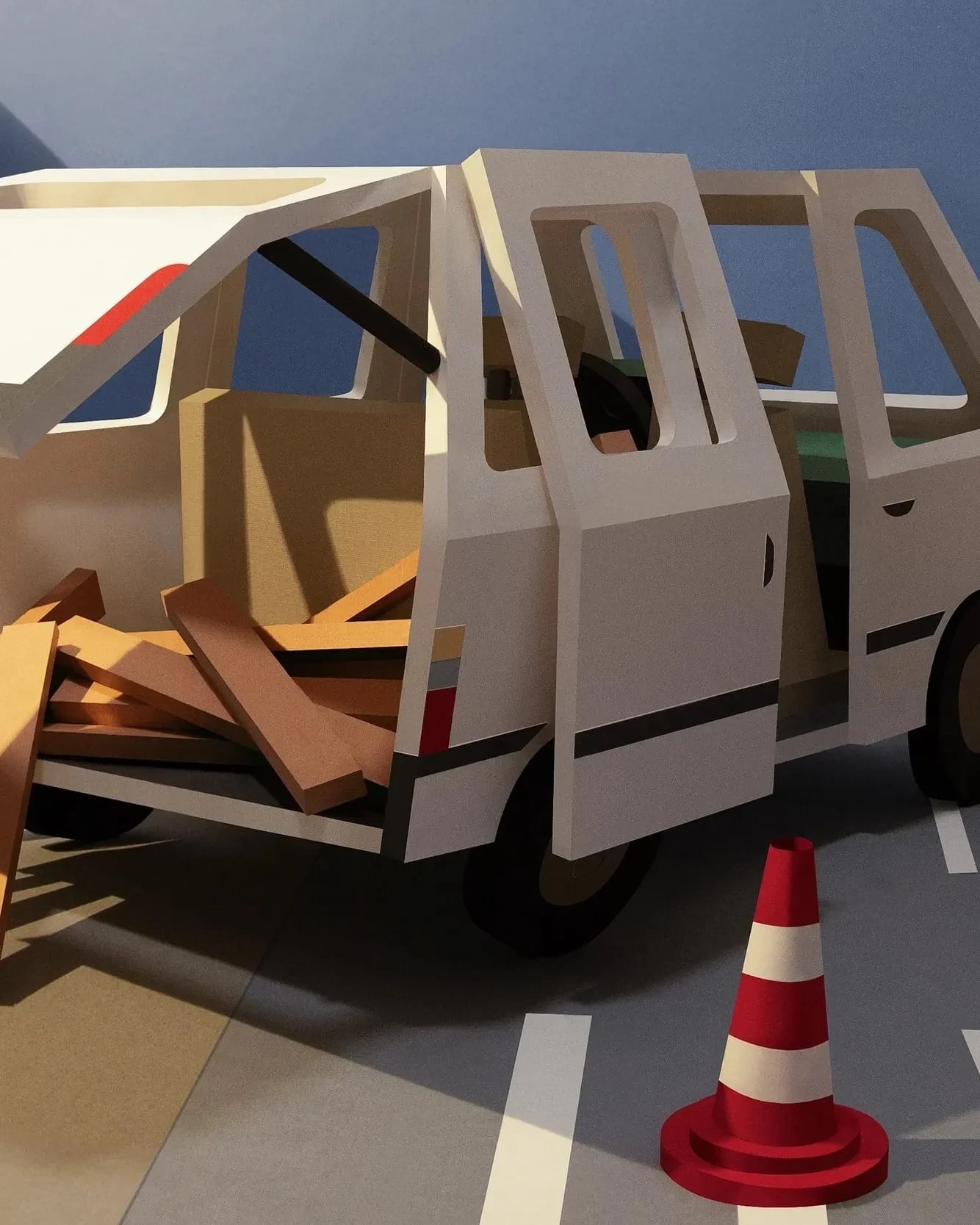 a white van on a street, with an open trunk and lumber spilling from the back. The entire scene is made of paper.