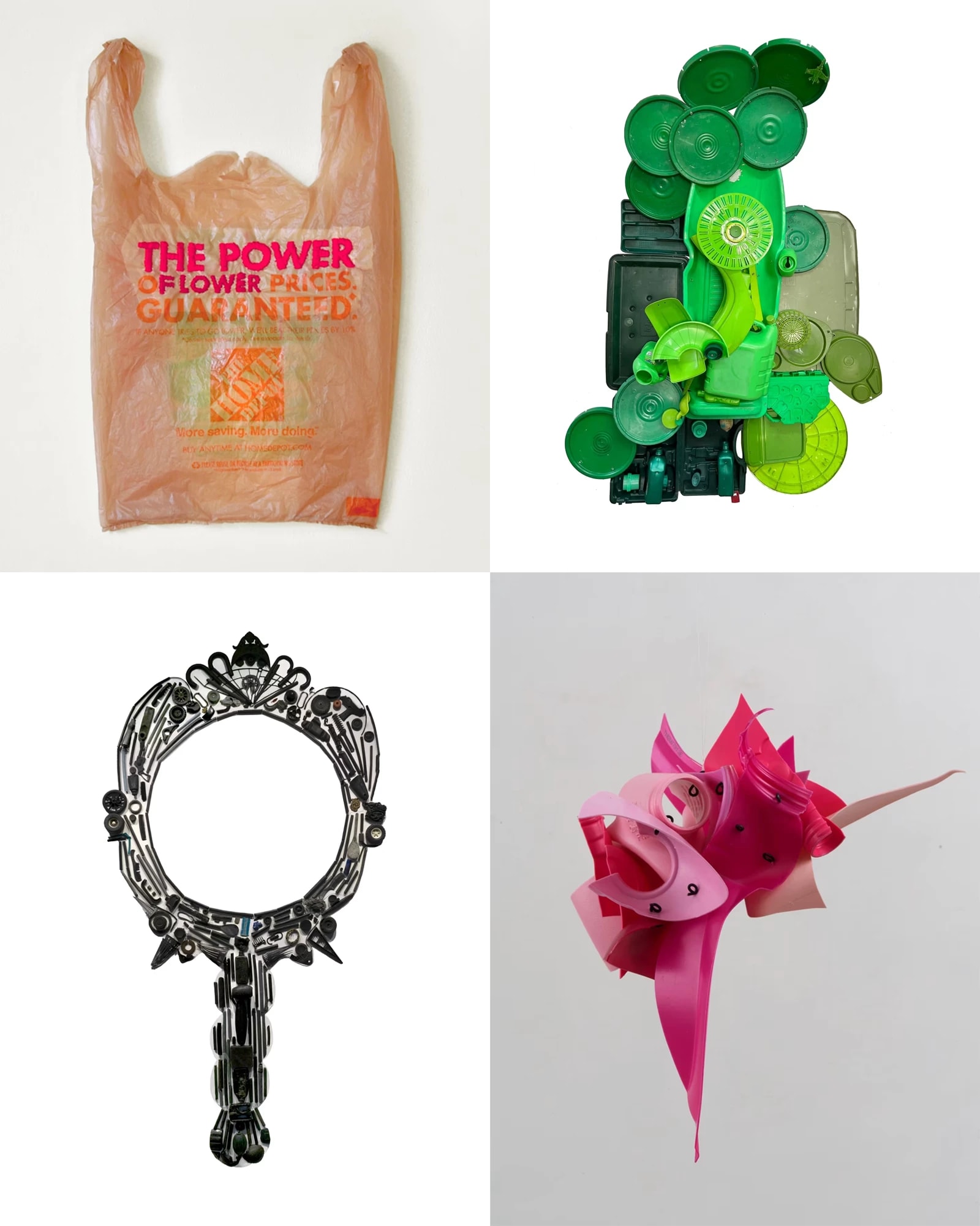 Four art pieces made up of discarded plastic items.