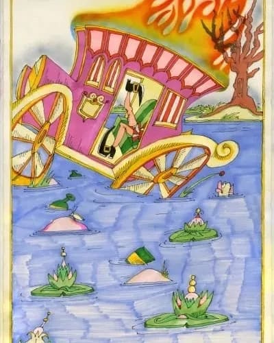 A pink carriage is sinking into a swamp of lily pads. The carriage is on fire & you can see someone's legs falling back with the carriage.