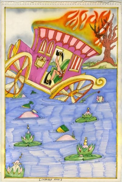 A pink carriage is sinking into a swamp of lily pads. The carriage is on fire & you can see someone's legs falling back with the carriage.