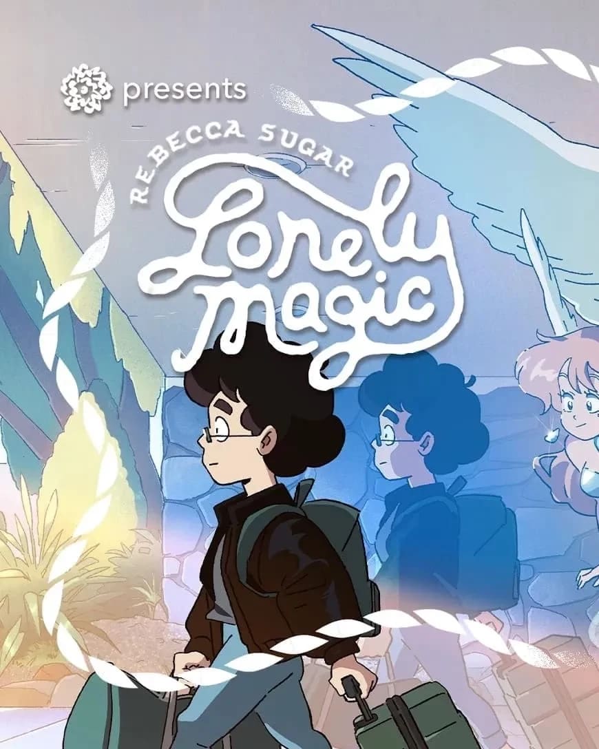 Four cartoon characters with angel wings stand beside a glass door. A lush plant is visible. Text reads "Rebecca Sugar Lonely Magic" and event details.