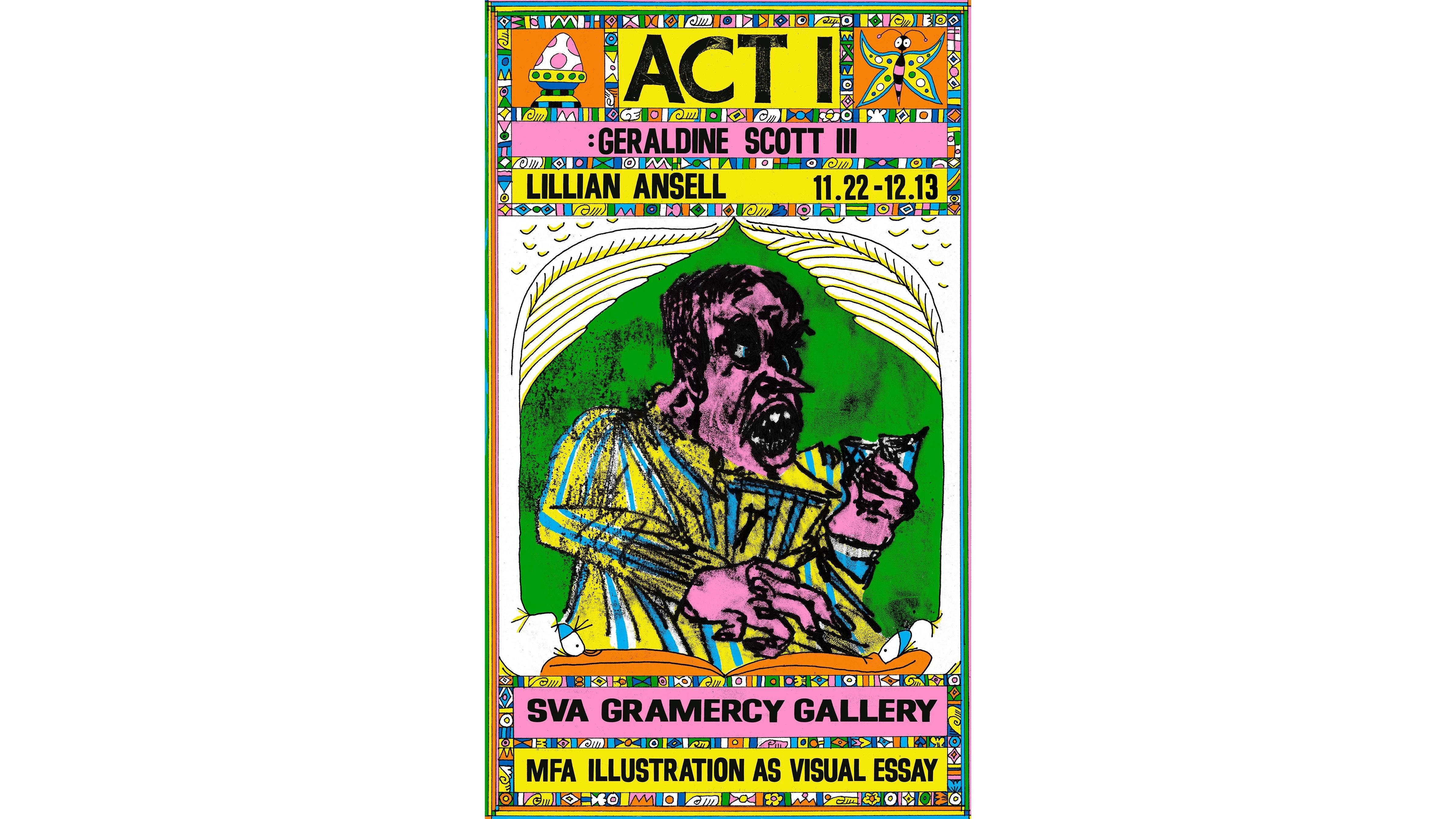 Poster for exhibition with a man in striped suit facing right holding a cigarette. Image is yellow orange pink, and green with black text announcing show.