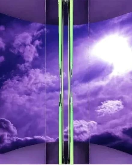 Purple-tinted clouds with vertical green "glitch"-aesthetic lines rising from the center of the video still.