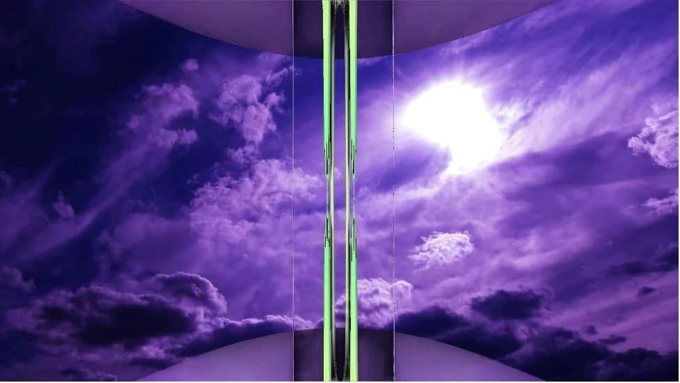 Purple-tinted clouds with vertical green "glitch"-aesthetic lines rising from the center of the video still.