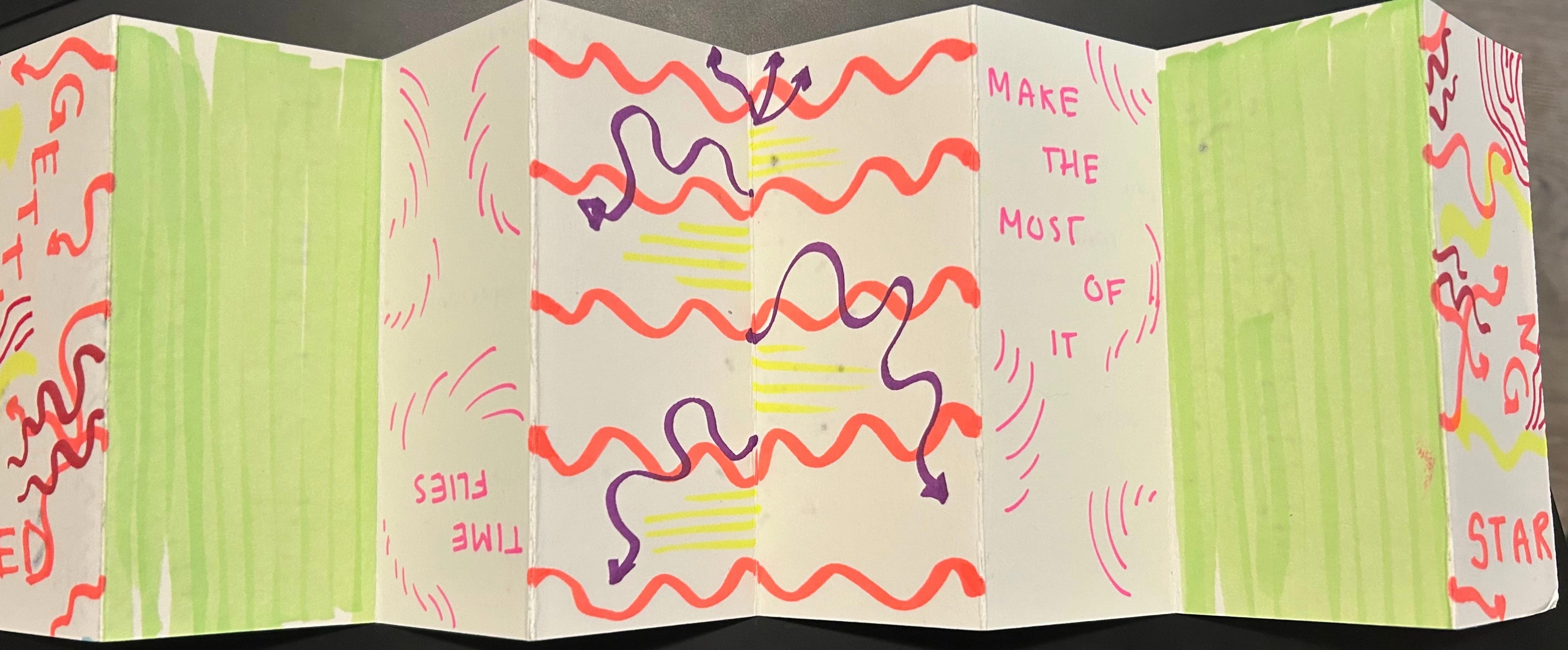 Green, red, and yellow line drawing with words on accordion folded paper. 