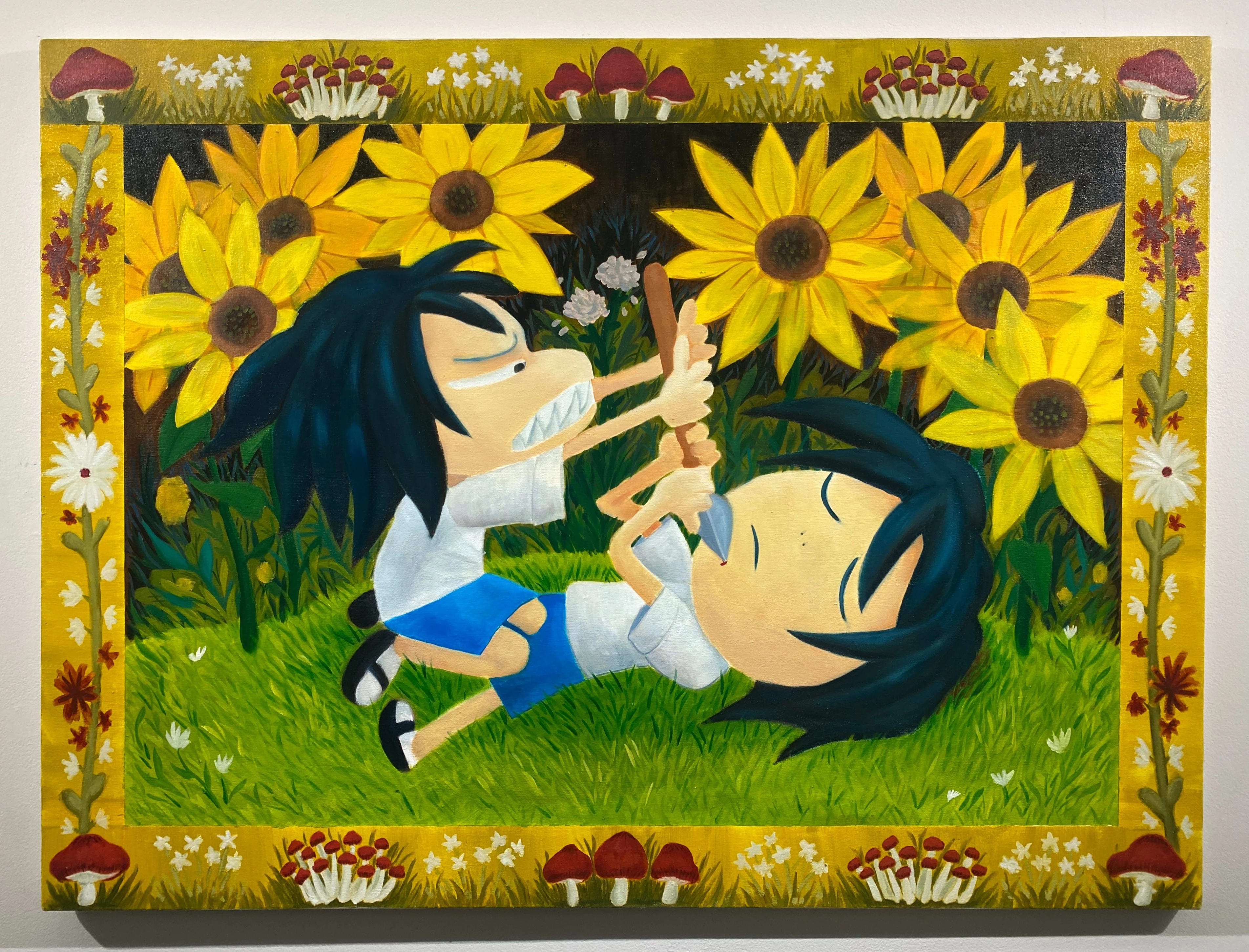 Oil painting with a yellow frame decorated with flowers and mushrooms. The painting depicts two identical little girls in a cartoonish style. One of them sits on top of the other's body with an angry face and sharp teeth, holding a spear to the other's neck, who lays on the ground in defeat. They are surrounded by large sunflowers.