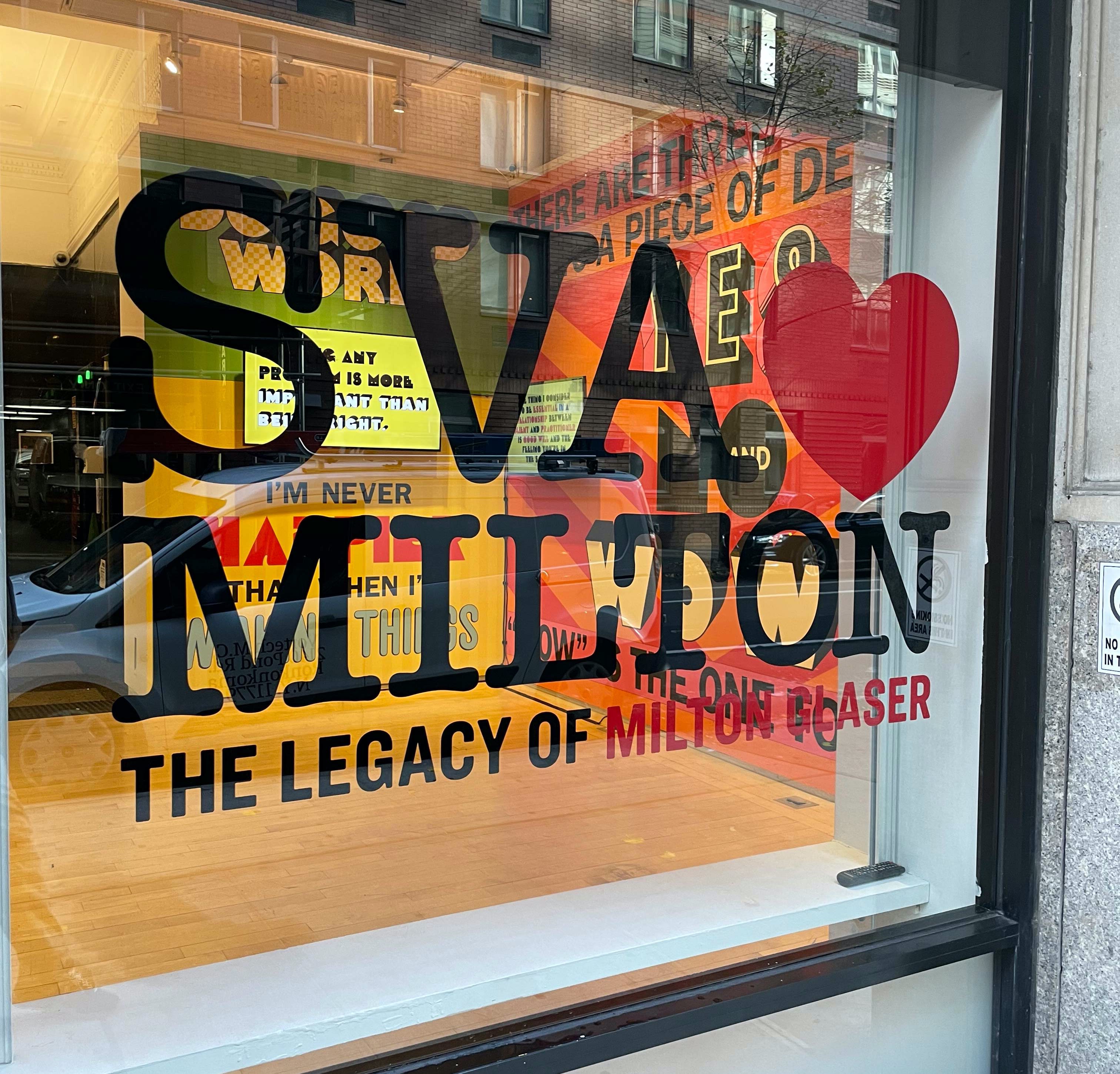 A photo of an iInstallation shot of the of the "SVA❤️Milton: The Legacy of Milton Glaser" exhibition