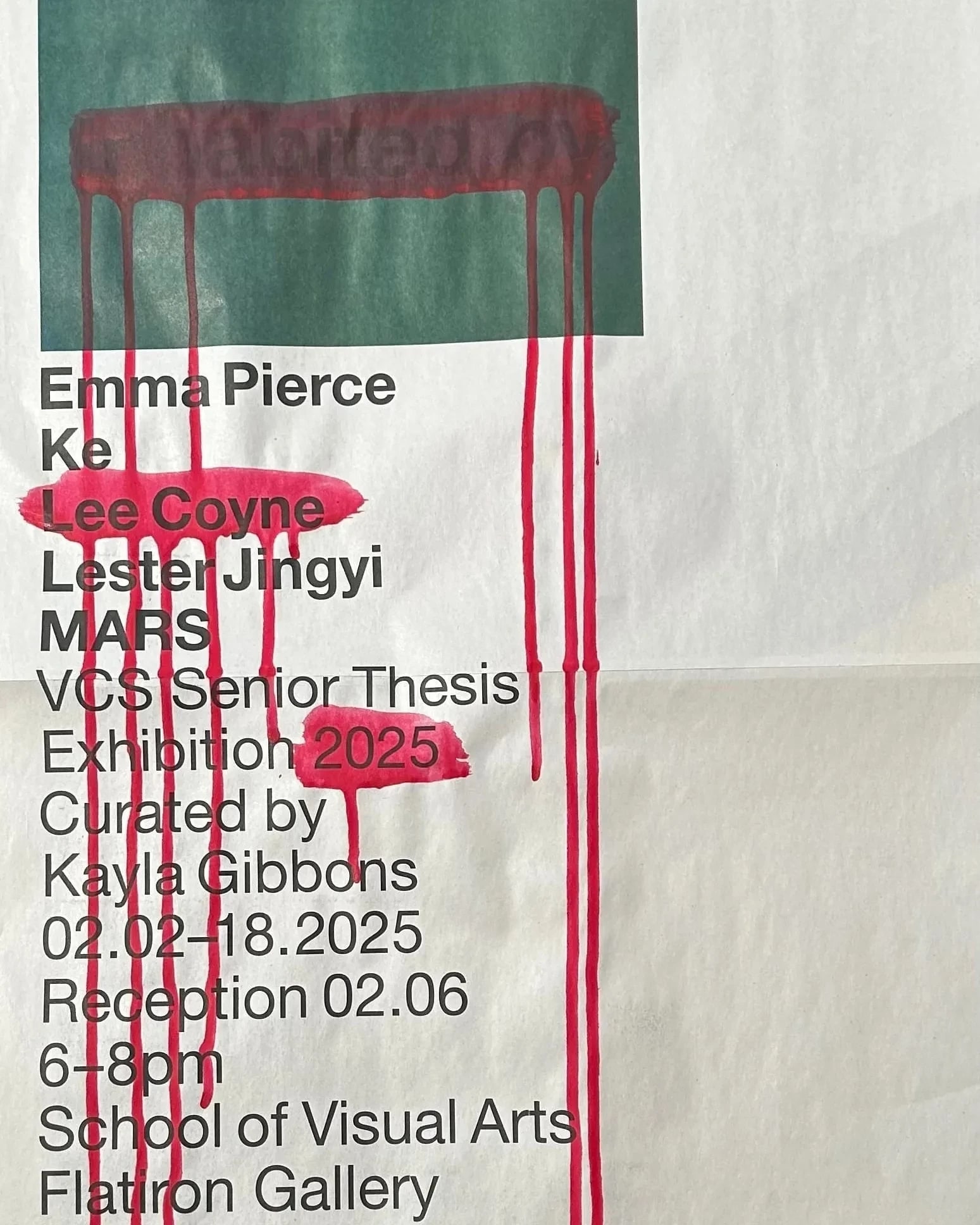 Newsprint poster with running magenta ink covering some of the words.