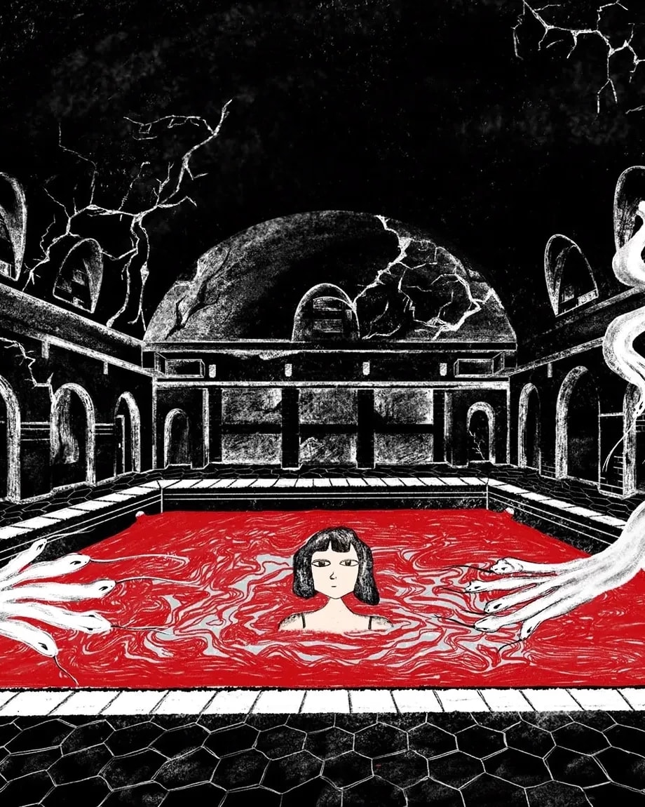 A girl sits in a pool of red while hand-like tendrils with snake-like fingers creep closer to her.