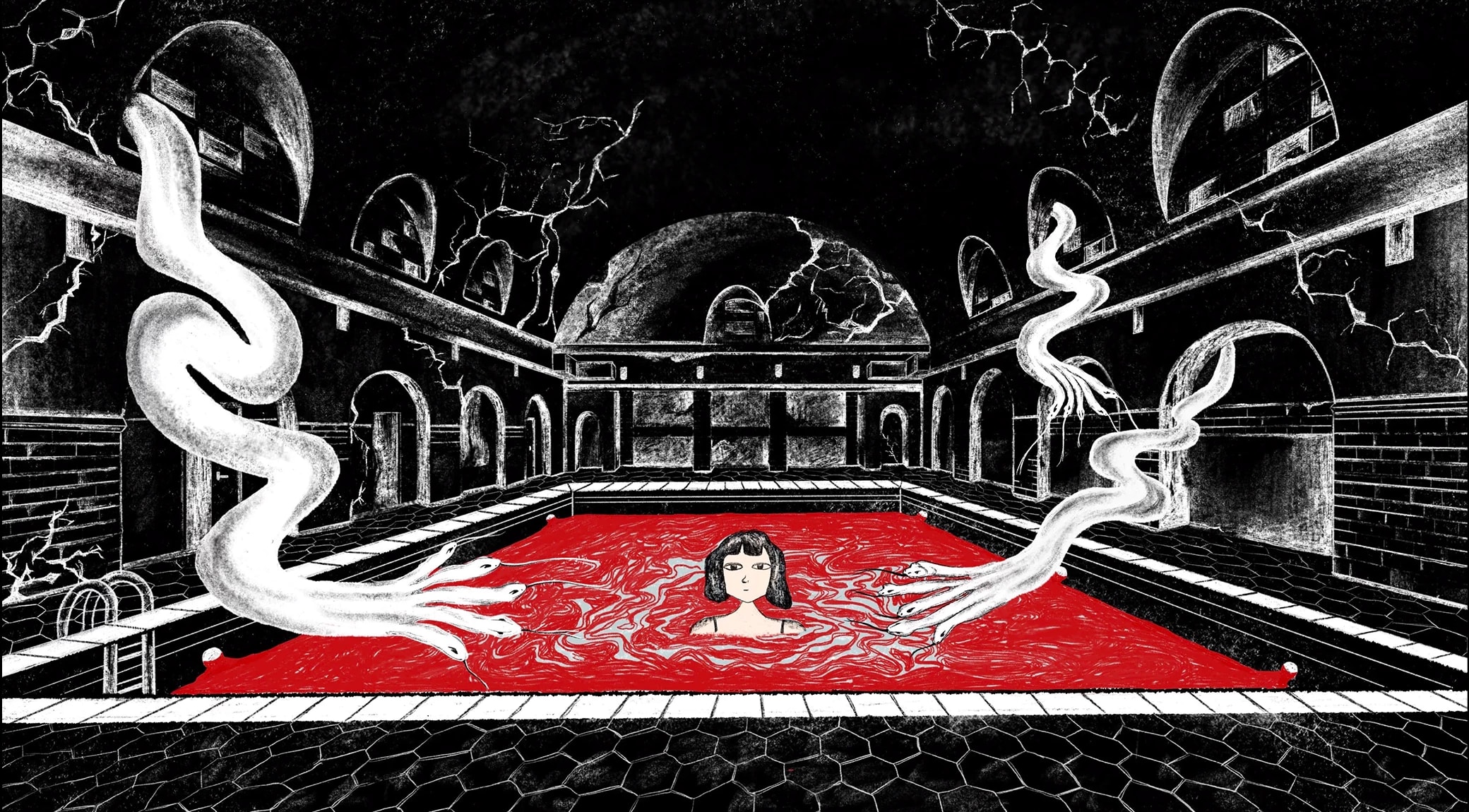 A girl sits in a pool of red while hand-like tendrils with snake-like fingers creep closer to her.
