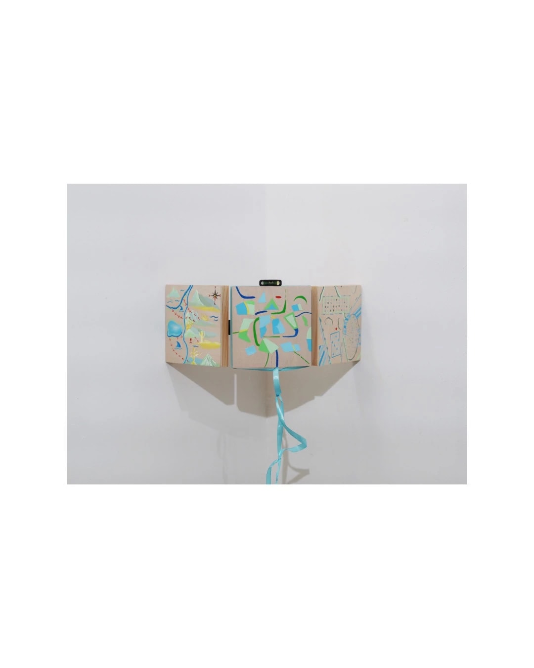 Xinyu Liu, Always Right, 2025, Wood panel, level, ribbon, 24’ x 24’