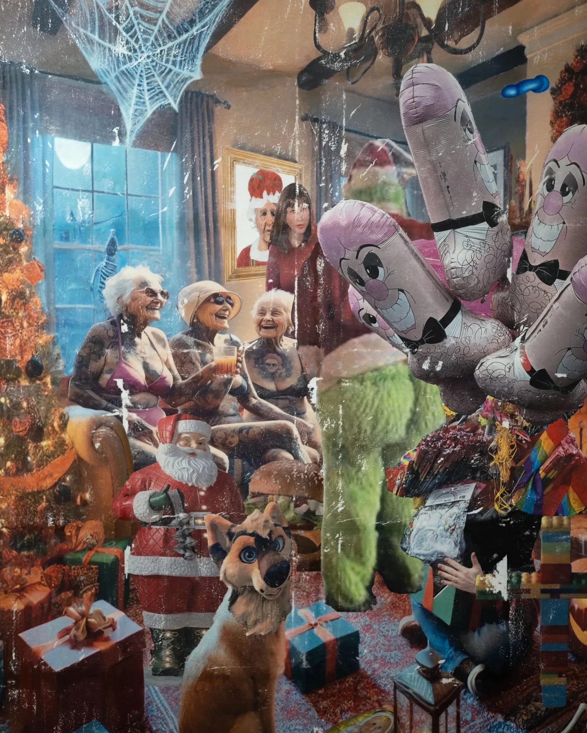 A painting by Jimmy Johnson depicting an assortment of figures and objects all crammed into a a room together.