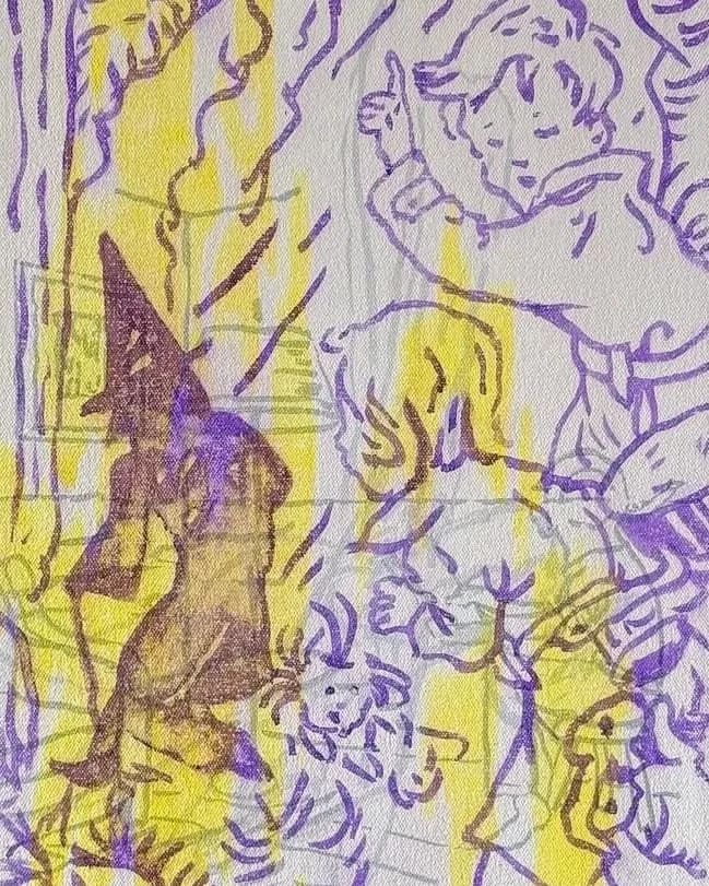 Painting of printed childhood images in purple and yellow.