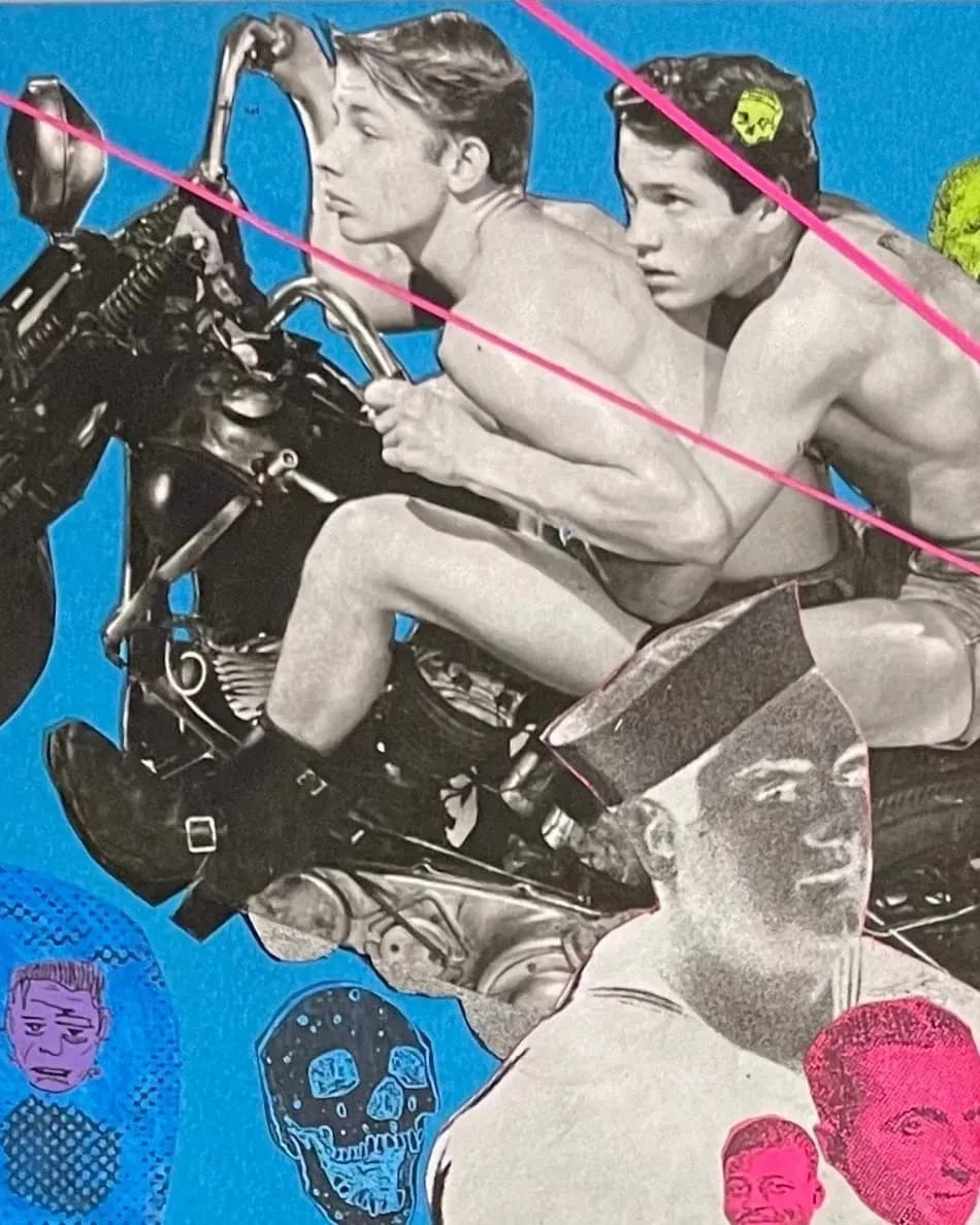 a collage on blue paper where the main focus is on two shirtless adolescent boys on a motorcycle. There are black and white inverted photos of what appear to be sailors as well as other faces and skulls in different colors in the backgorund.