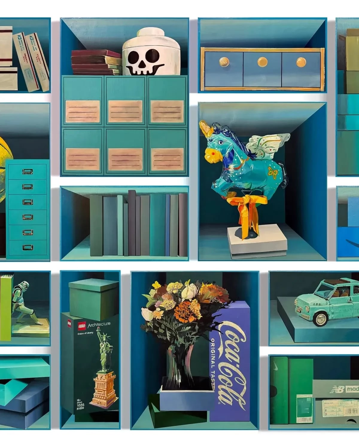 Painting of various objects on shelves. The primary color in the painting is teal.