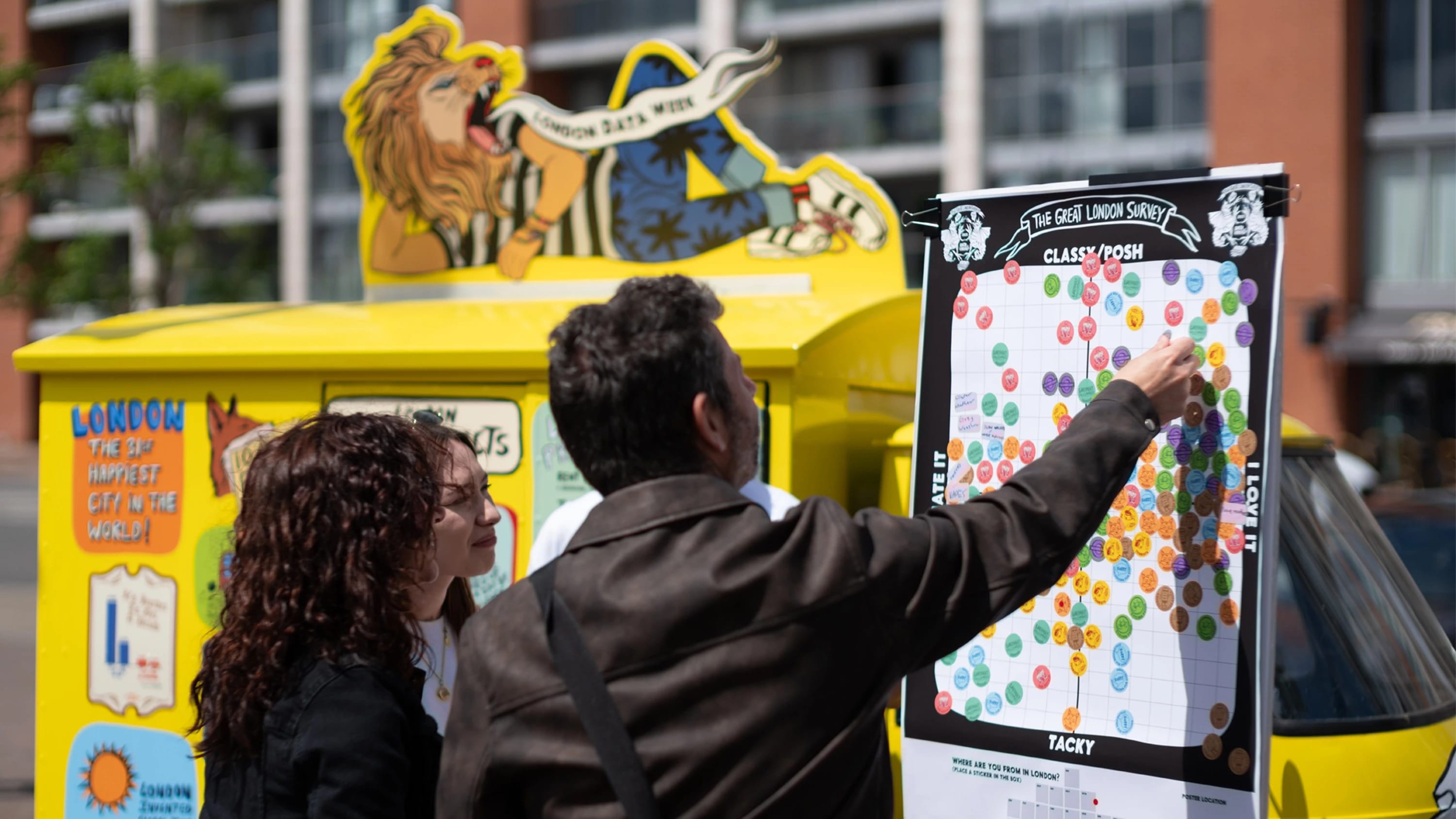 A small group of people adding stickers to a poster labeled The Great London Survey by Data Vandals