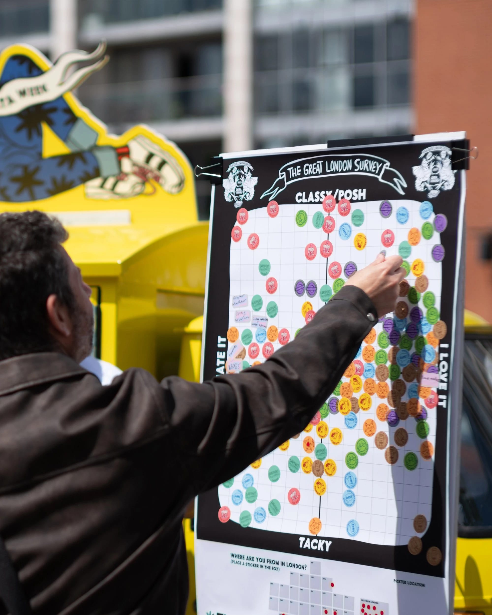 A small group of people adding stickers to a poster labeled The Great London Survey by Data Vandals