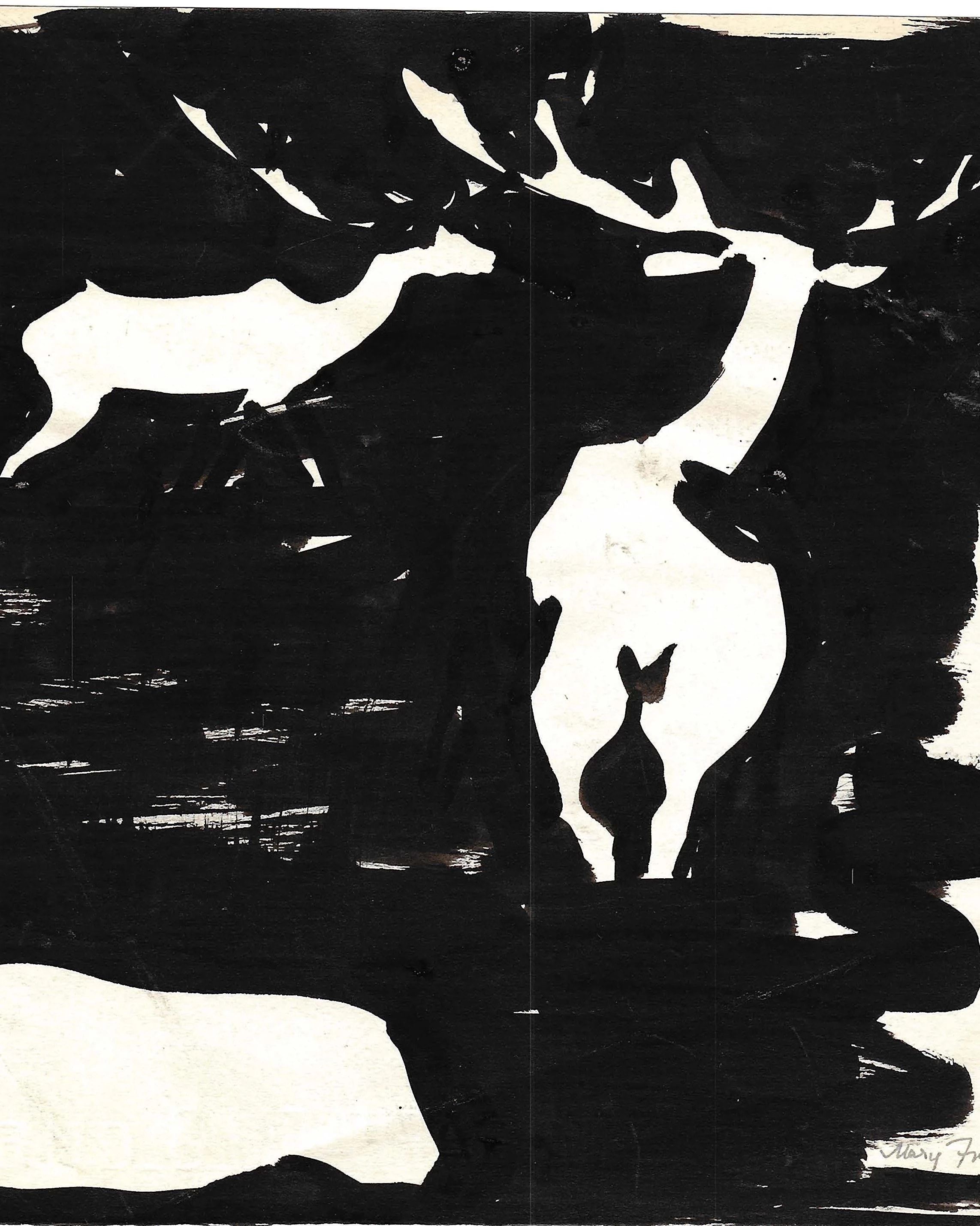 Black and white ink painting of deer