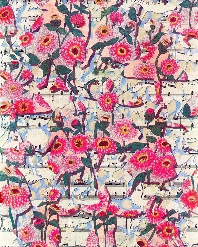 A print of Mazurka (Russian Dance) silhouettes filled with illustrations of Mazurkia zinnia flowers on a sheet music of Mazurka music.