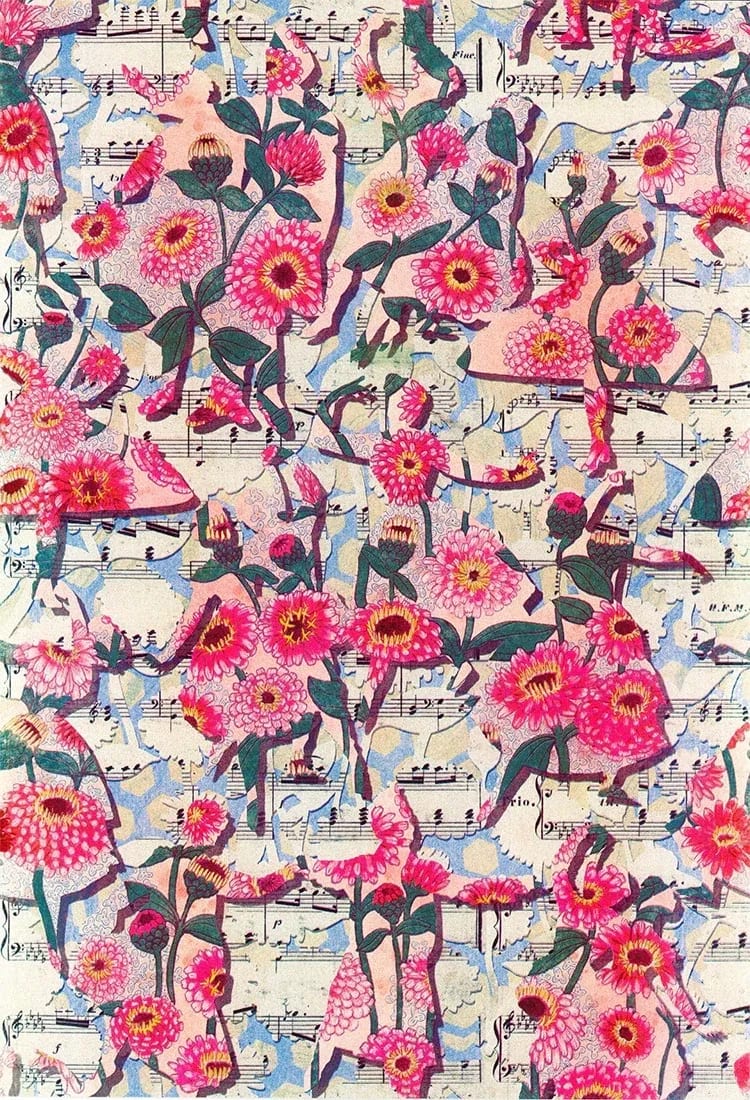 A print of Mazurka (Russian Dance) silhouettes filled with illustrations of Mazurkia zinnia flowers on a sheet music of Mazurka music.