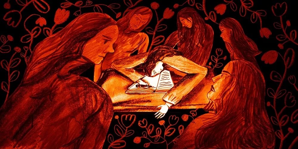 Painting of a woman sitting at a desk surrounded by other women looking at her by Anjali Kamat, MFA Illustration as a Visual Essay. The woman is writing in a diary. The background is black, filled with orange flowers.