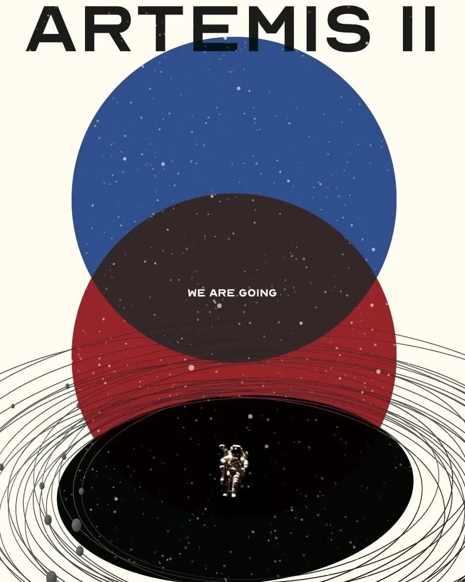 Poster for Artemis II mission featuring a rocket launch against a starry background with mission details.