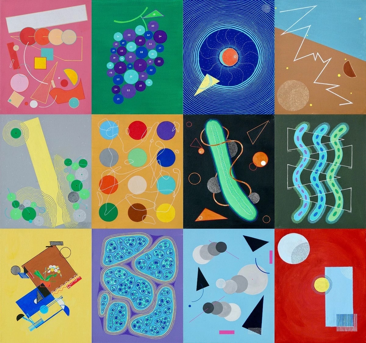 A series of twelve designs are presented in a three by four grid. All twelve designs are abstract, using different colors, shapes, lines, and numbers.