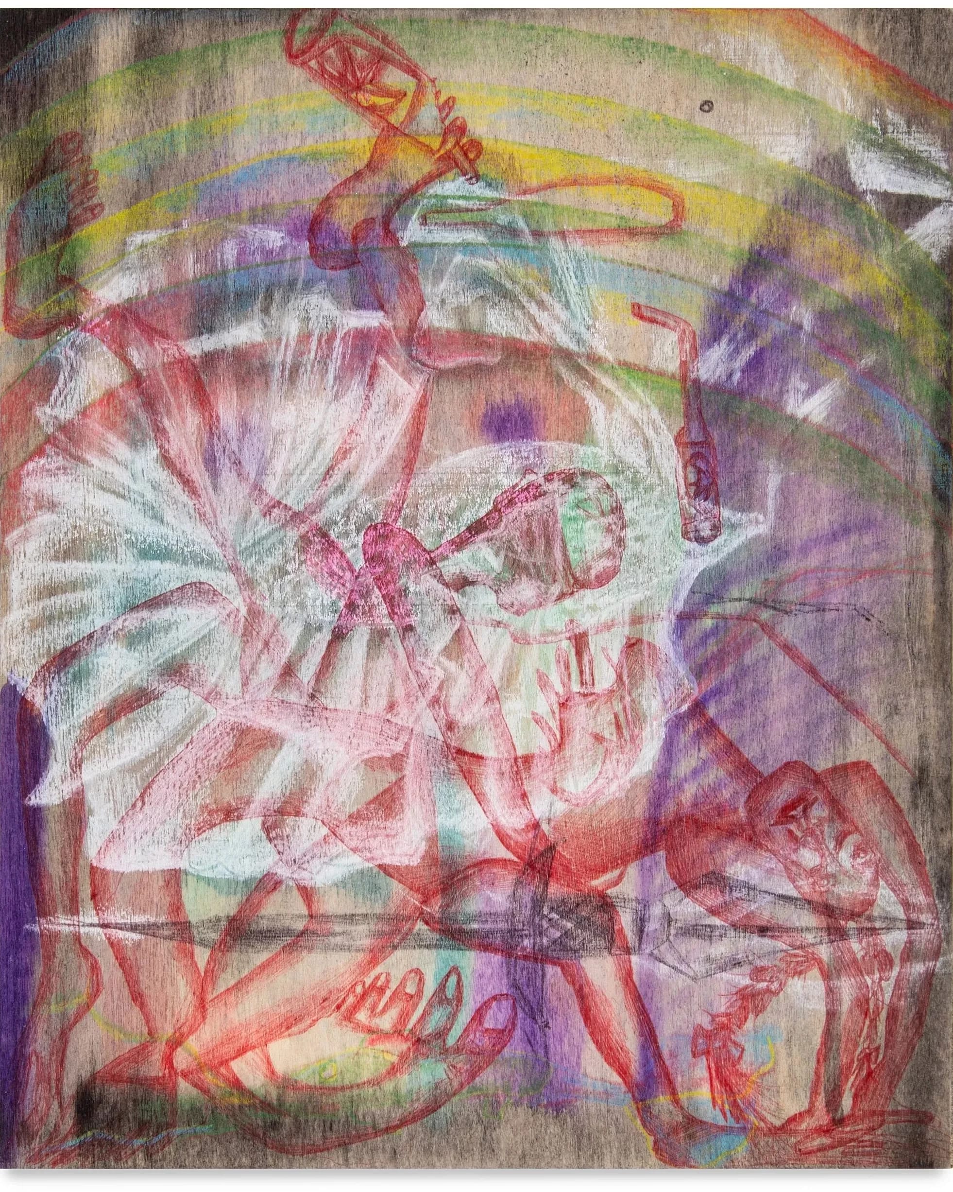 An semi-abstract drawing showing ballerina-like figures in various poses, overlaid atop each other as though in motion.