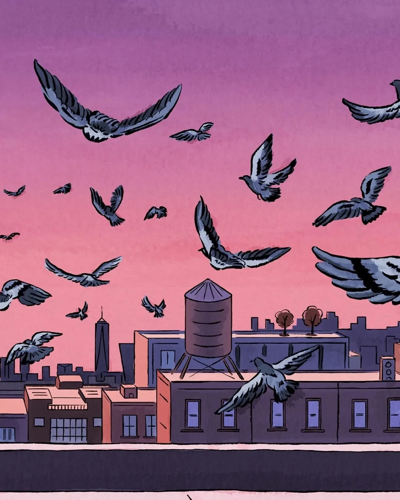 An illustration of dozens of pigeons flying over a pink and purple sunset sky. They appear to be over a roof top somewhere in New York City. There is a single feather on the ground of the rooftop.