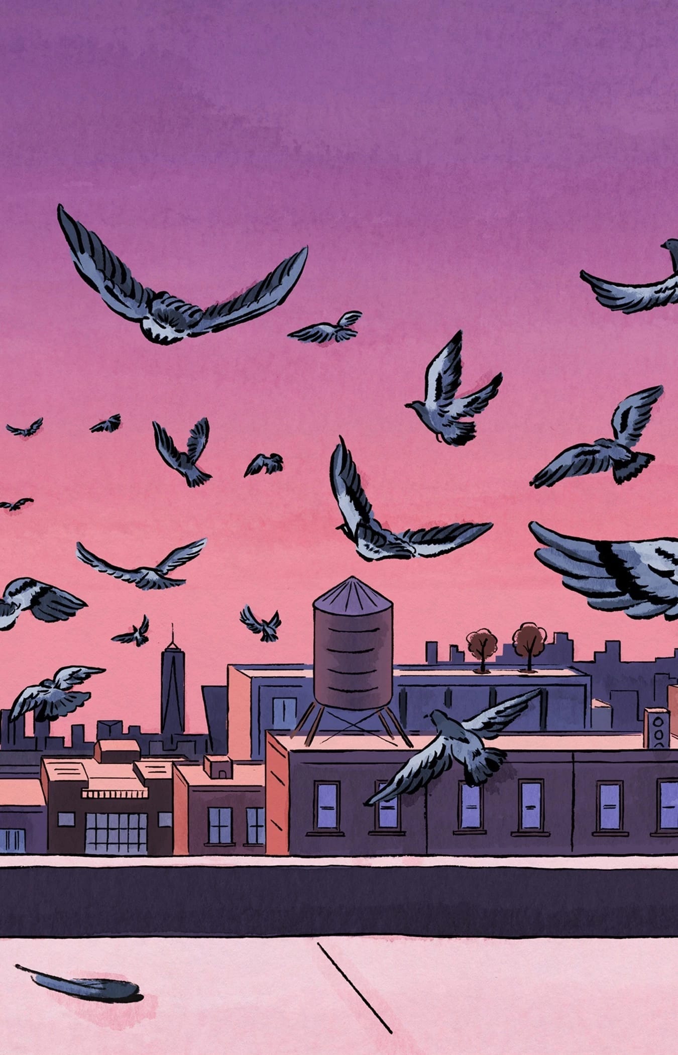 An illustration of dozens of pigeons flying over a pink and purple sunset sky. They appear to be over a roof top somewhere in New York City. There is a single feather on the ground of the rooftop.