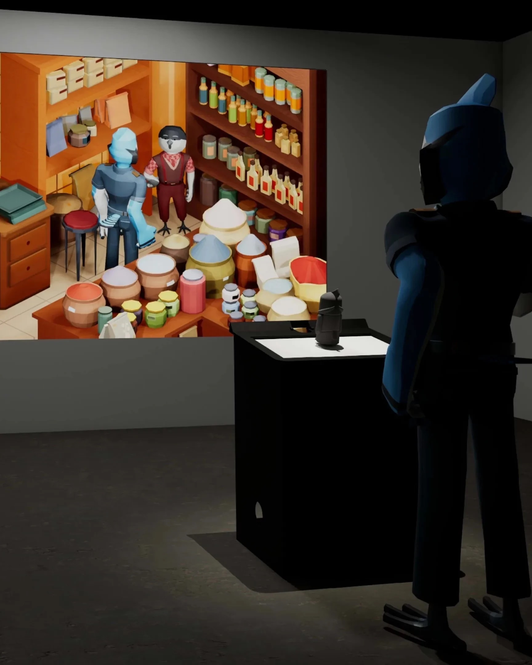 Isometric Cartoon Blue Jay standing in front of interactive game kiosk and installation being projected on a wall.