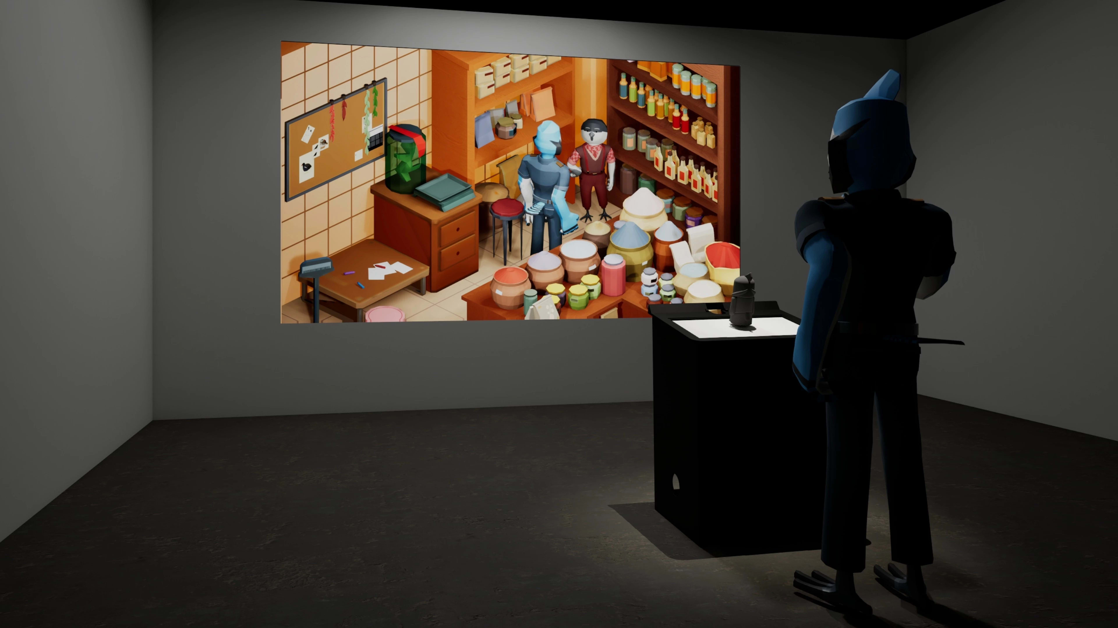 Isometric Cartoon Blue Jay standing in front of interactive game kiosk and installation being projected on a wall.