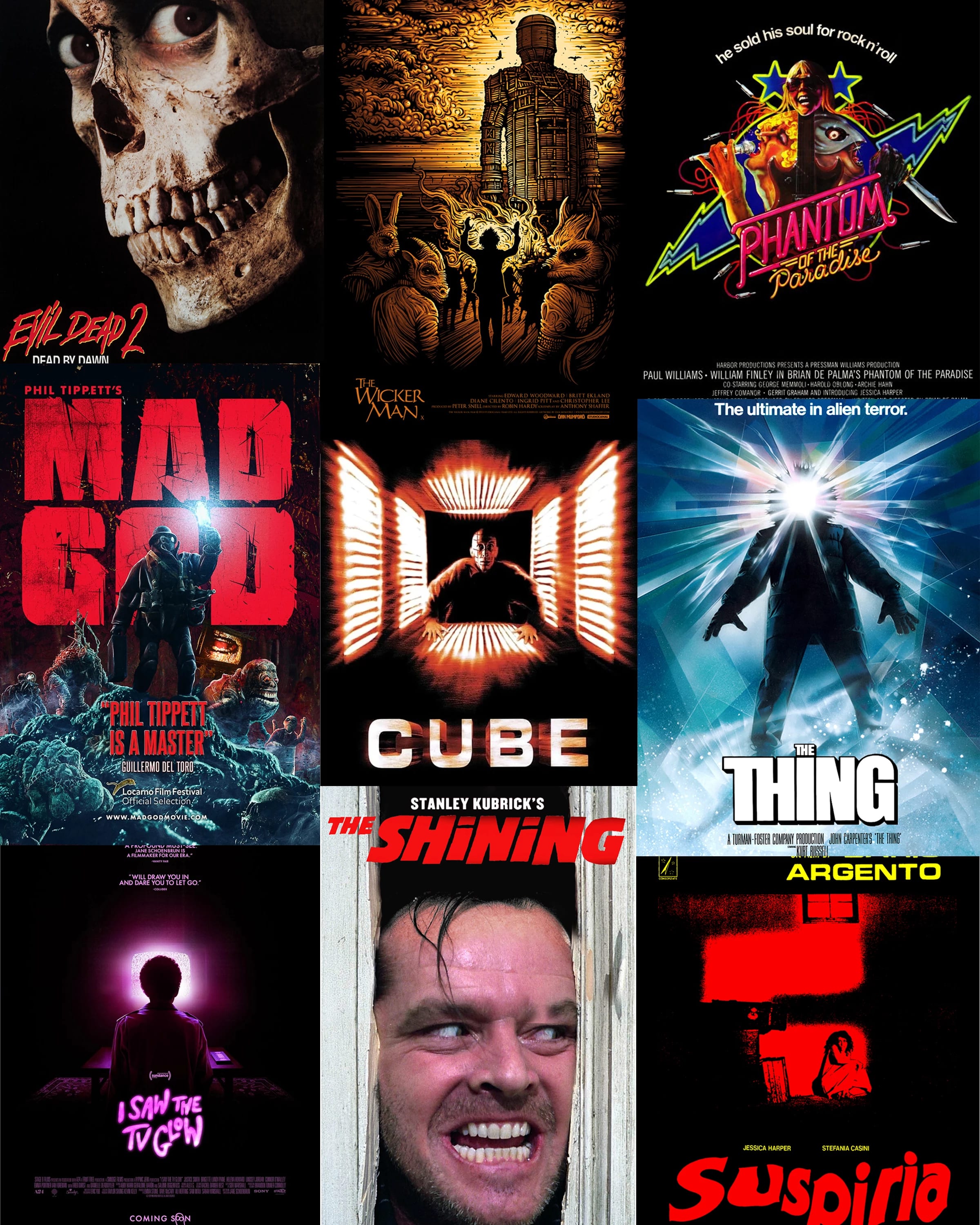 A collage of multiple horror movies, including 'Evil Dead 2' (1987), 'I Saw the TV Glow' (2024), 'The Shining' (1980), 'Suspiria' (1977), 'The Thing' (1982), 'The Wicker Man - Final Cut' (1973), 'Phantom of the Paradise' (1974), 'Mad God' (2021), and 'Cube' (1997).