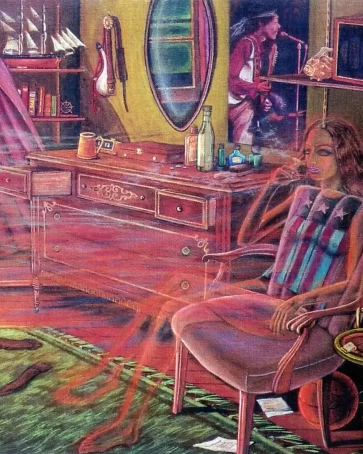 A painting with bright colors displaying a bredroom with a ghostly image of a woman on the phone. The whole image seems rather surreal.