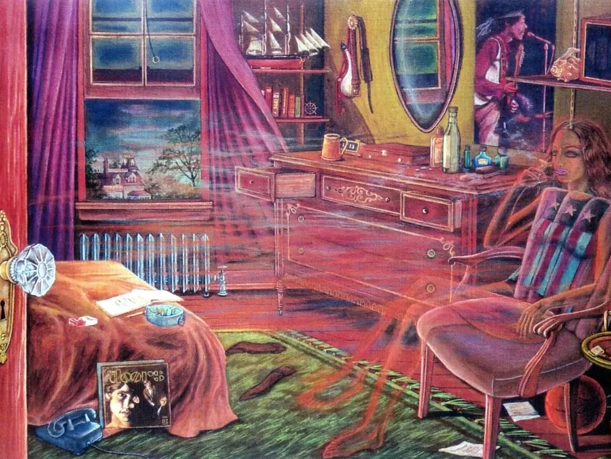 A painting with bright colors displaying a bredroom with a ghostly image of a woman on the phone. The whole image seems rather surreal.