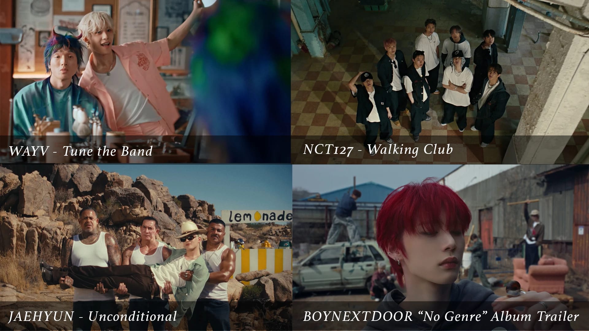 A 2-by-2 grid of stills from different kpop music videos, all featuring male artists.
