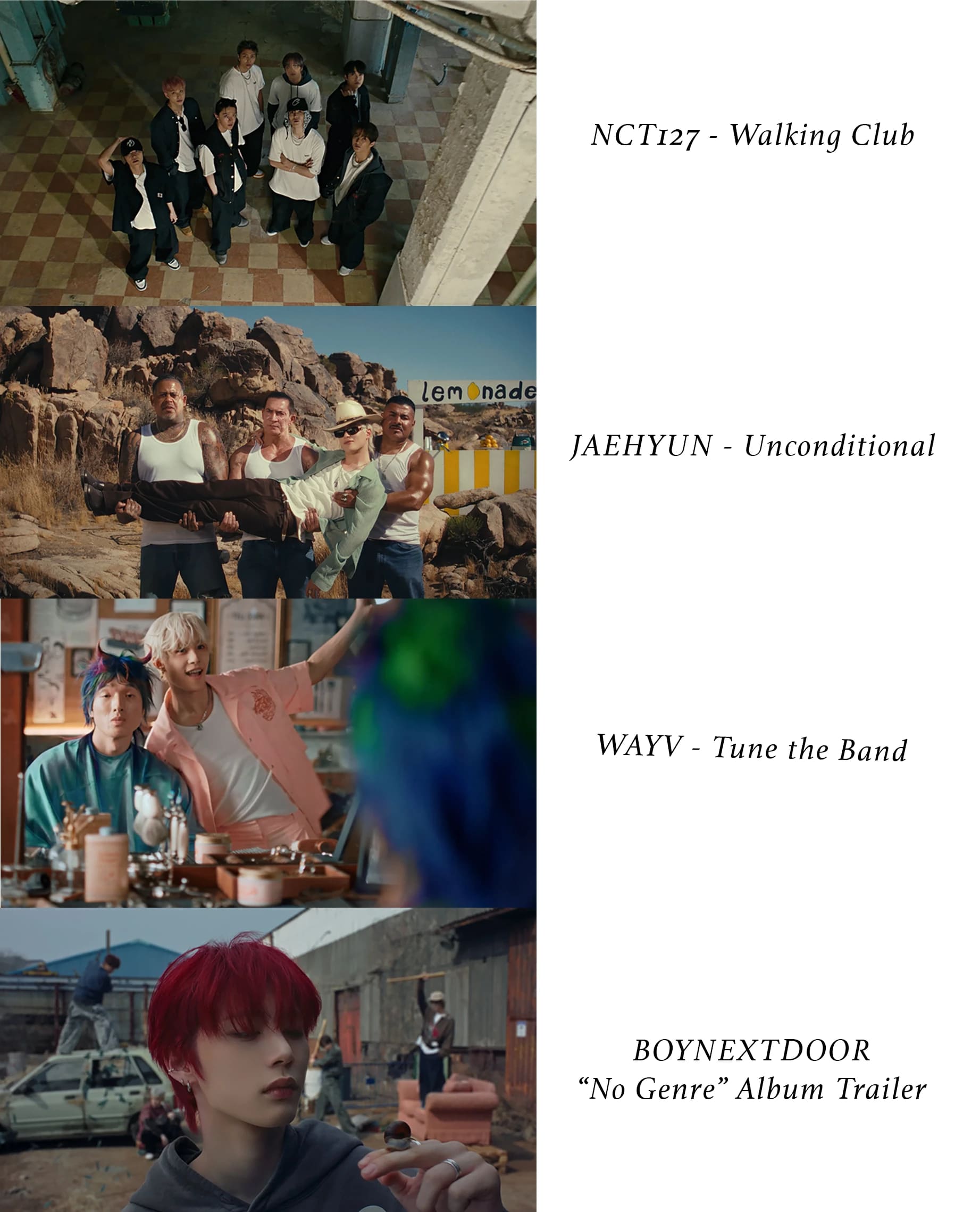 4 stills from different kpop music videos, all featuring male artists.