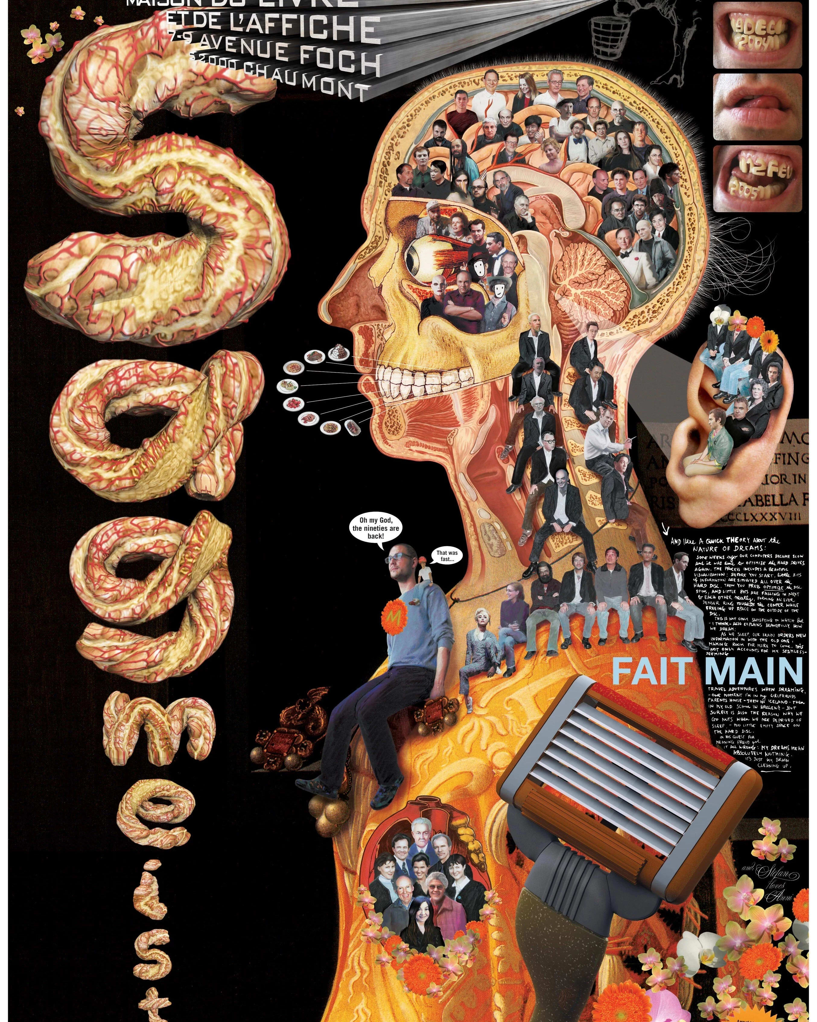 Poster showing a crosscut of a human body with the word "Sagmeister" on the left in vertical descending type.