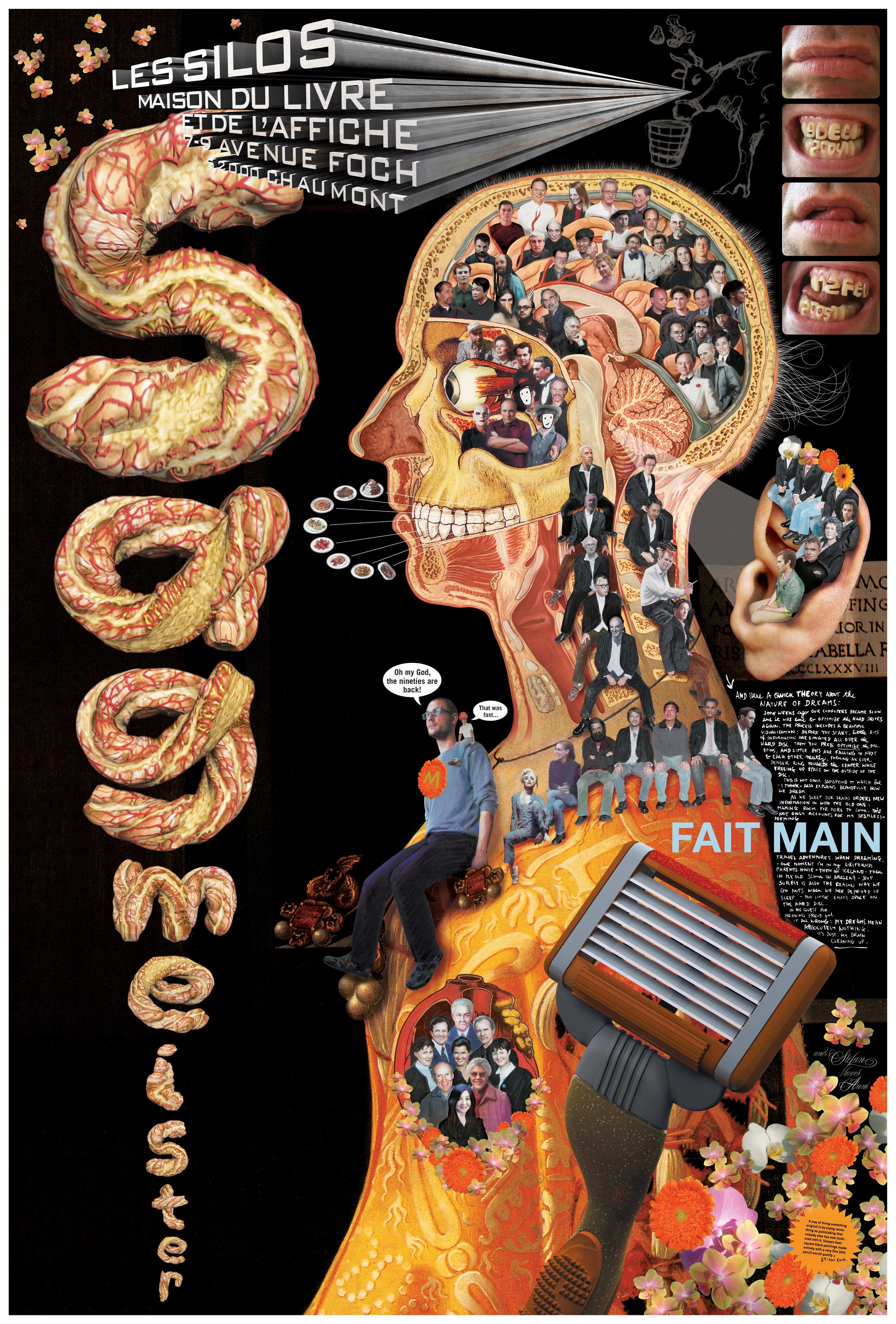 Poster showing a crosscut of a human body with the word "Sagmeister" on the left in vertical descending type.