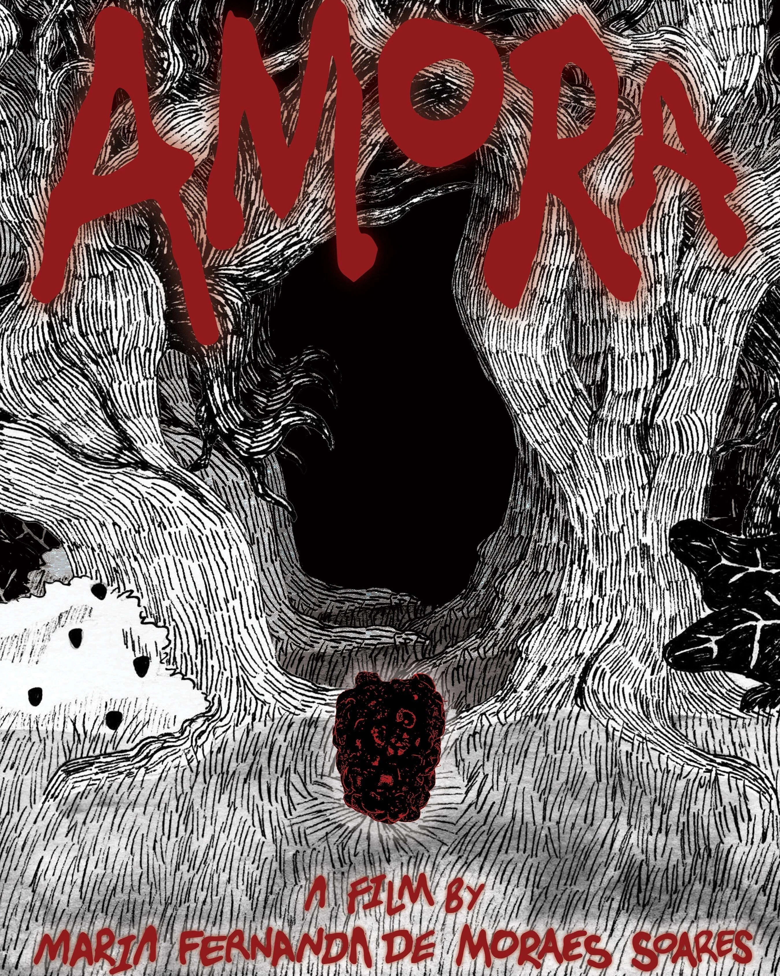 An illustration of a path between trees in black and white, with the word "amora" in red across the top.