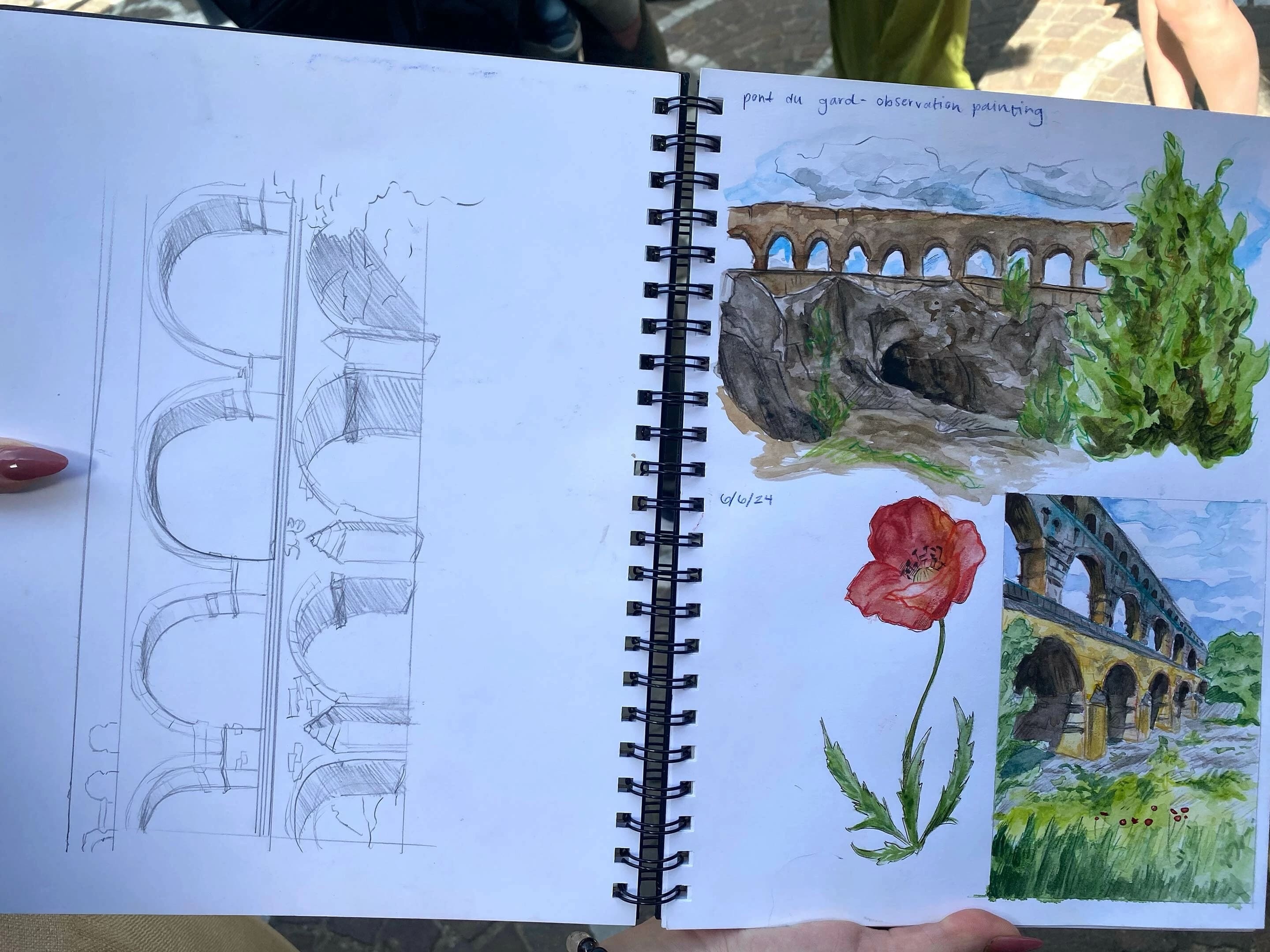 A sketchbook drawing of The Pont du Gard, an ancient Roman aqueduct bridge built in the first century AD