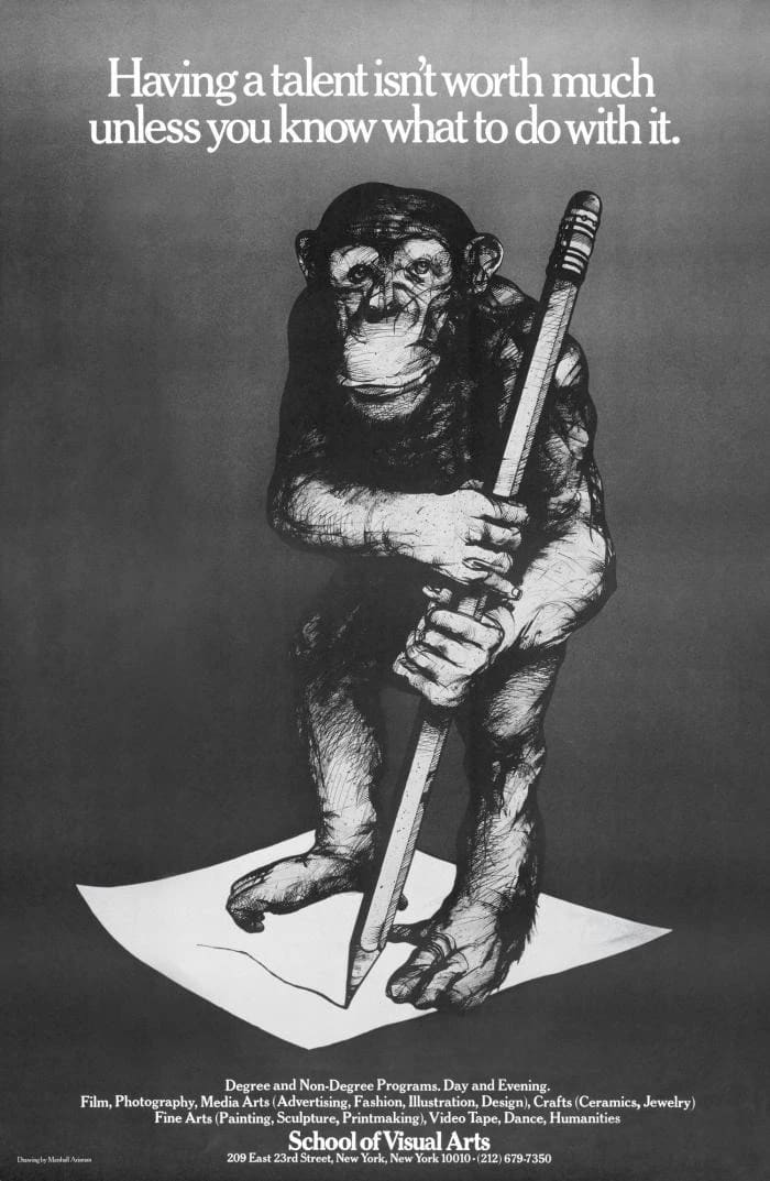 Black and white poster with a chimpanzee holding a large pencil while standing on a sheet of paper.