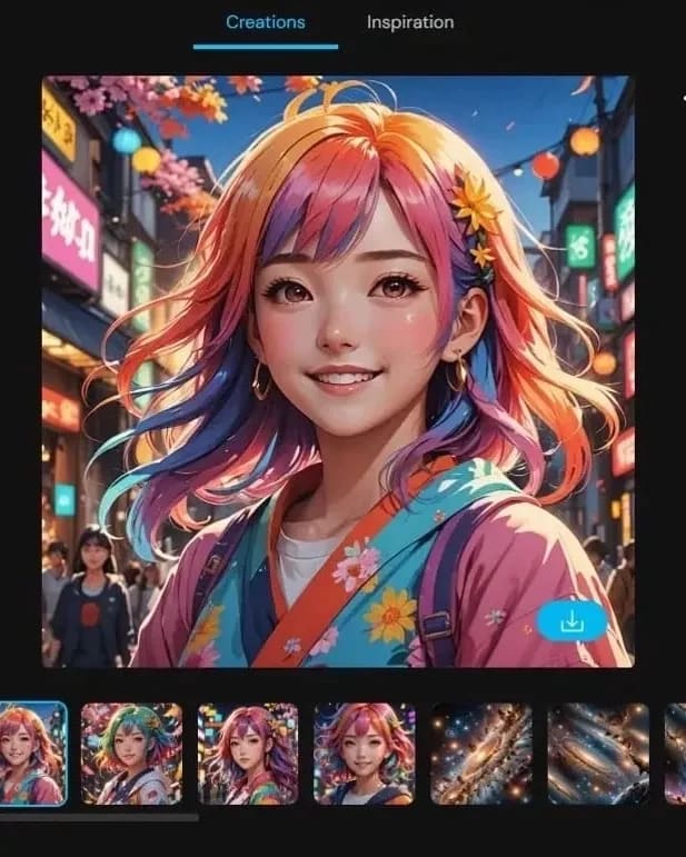 AI image generation interface featuring an illustration of a smiling girl.