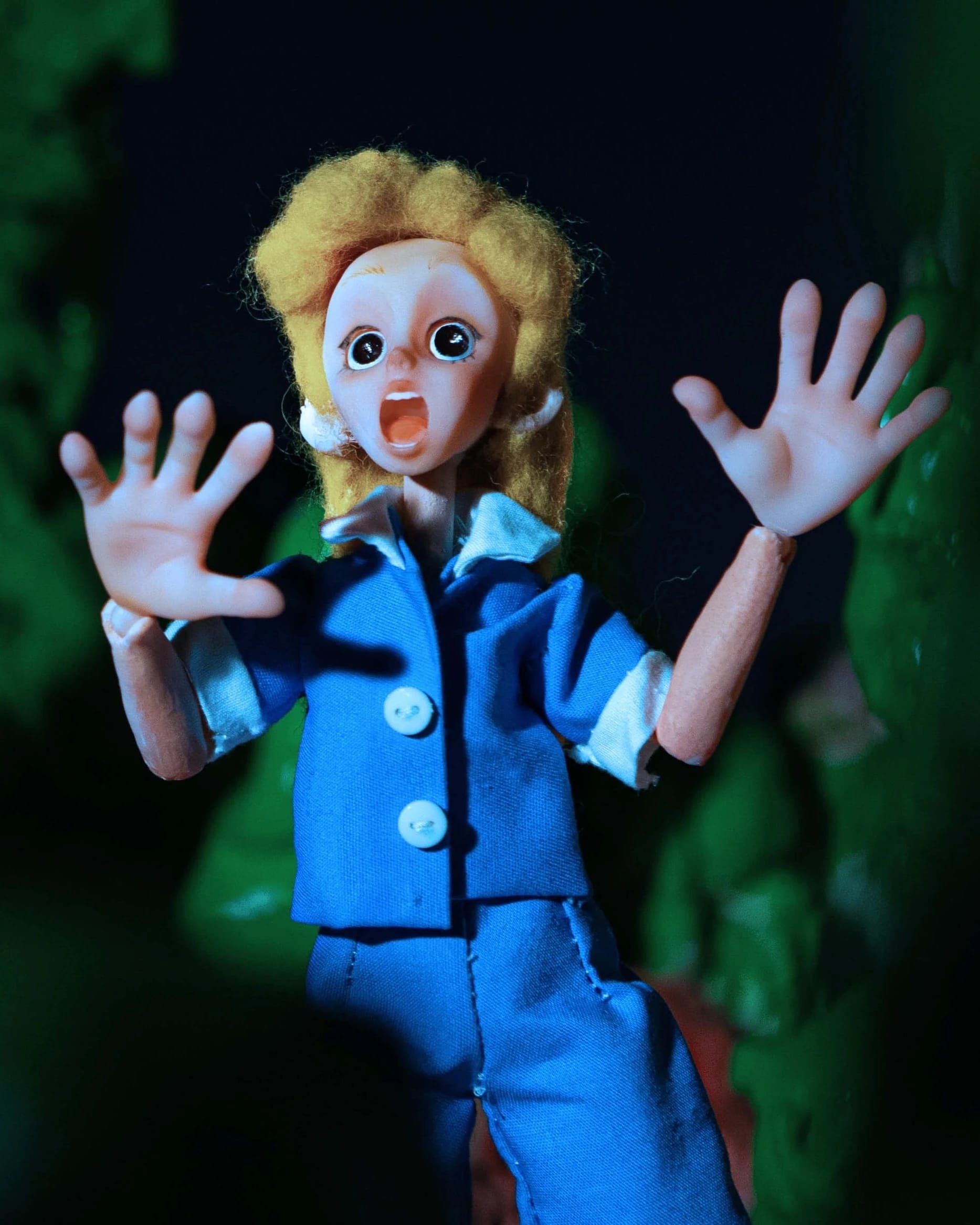 Still from a stop motion short film, showing a blonde woman staring in shock, apparently mid-scream, at something off screen. She is in a dark place and surrounded by amorphous green shapes.