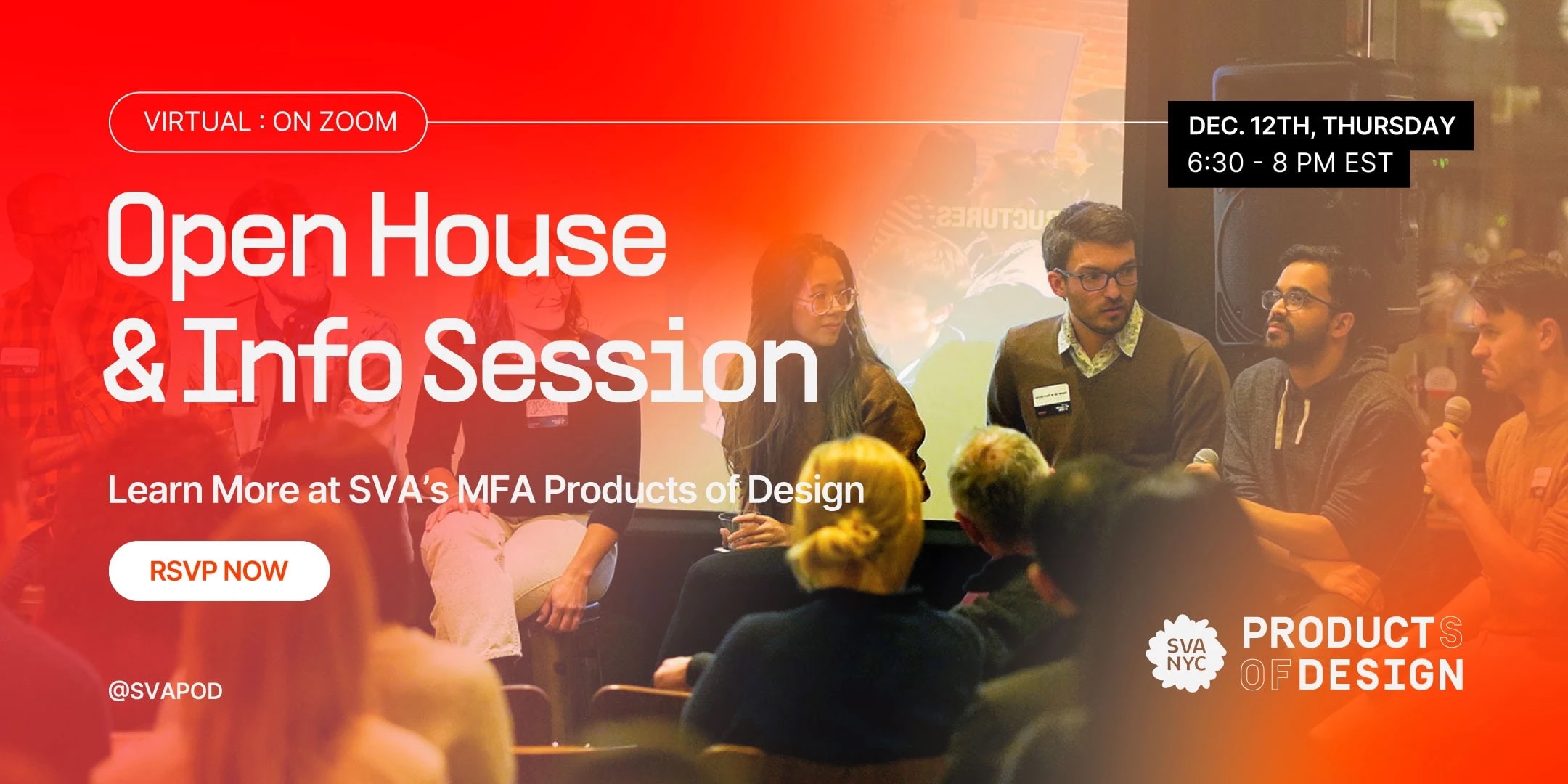 Image of Open house graphic with individuals gathered speaking.