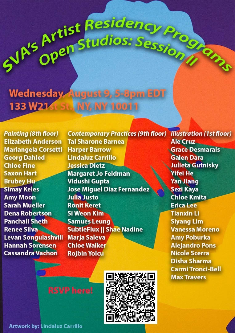 A poster featuring a blocky, coloful background image of two people embracing in a hug. Overlaid on top is white text listing names of participating artists and the title of the event.