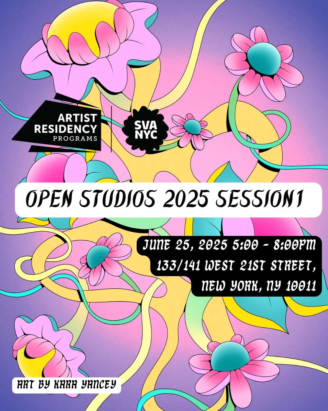 a colorful poster Banner with illustrations of pink flowers and yellow swirls