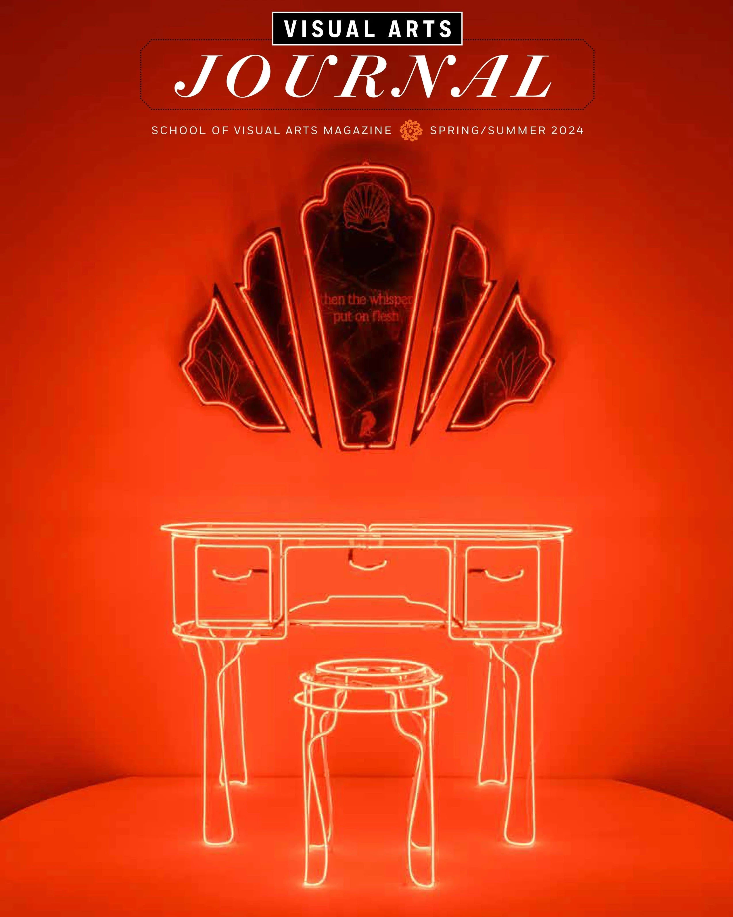 A photograph of a sculpture incorporating neon shaped into furniture forms and decorative mirrors.